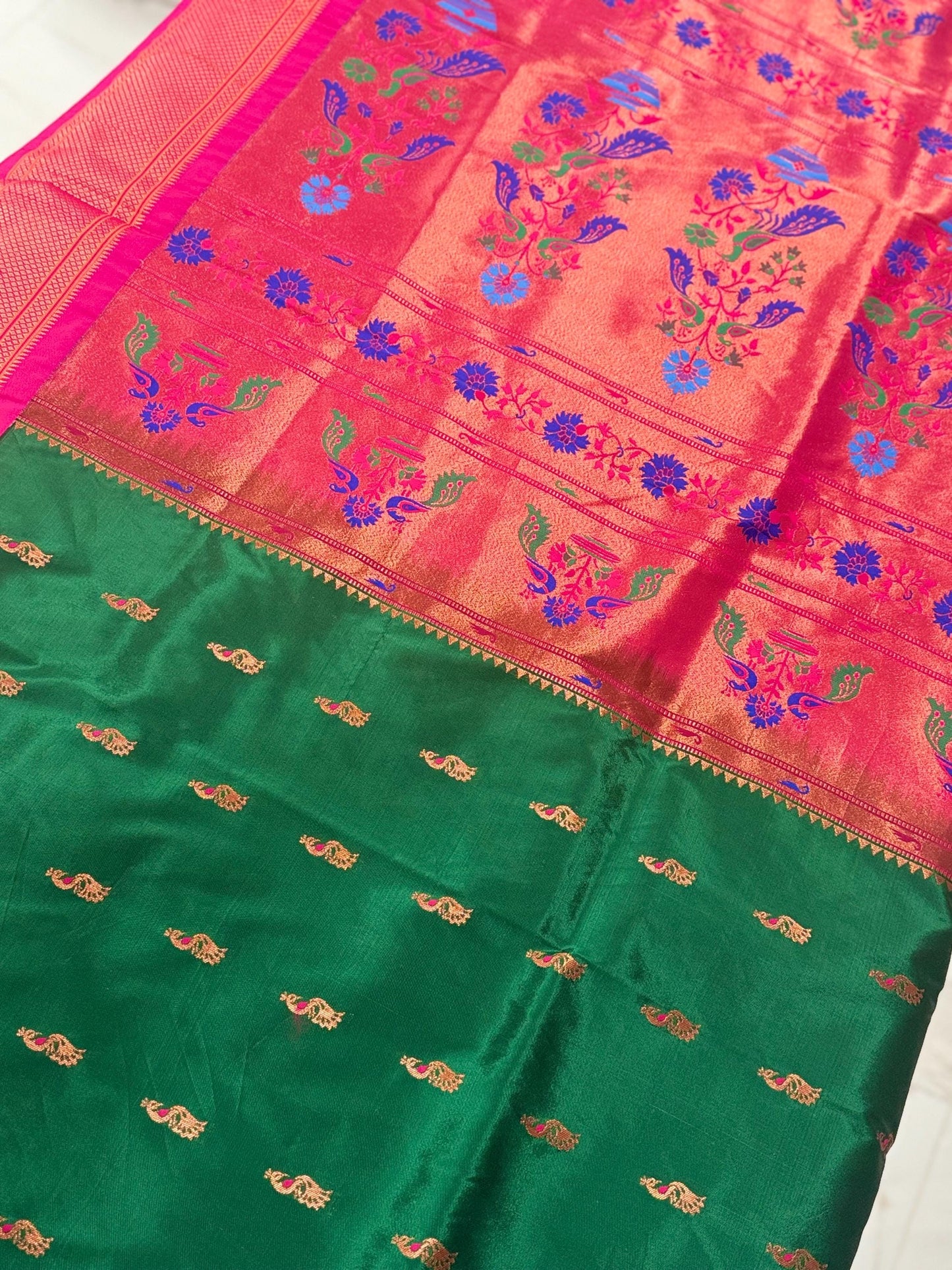 Paithani from Yeola |  Semi Silk saree |Green |Rani/Magenta Border|