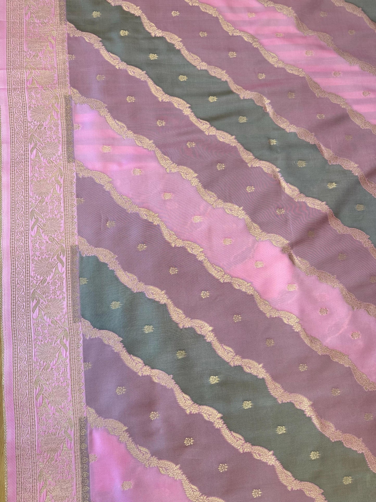 Banarasi Rangkat Silk Saree |Stripes small motif weaving all over Pink/Grey/Light Lavender intricate border| fall pico tassels done