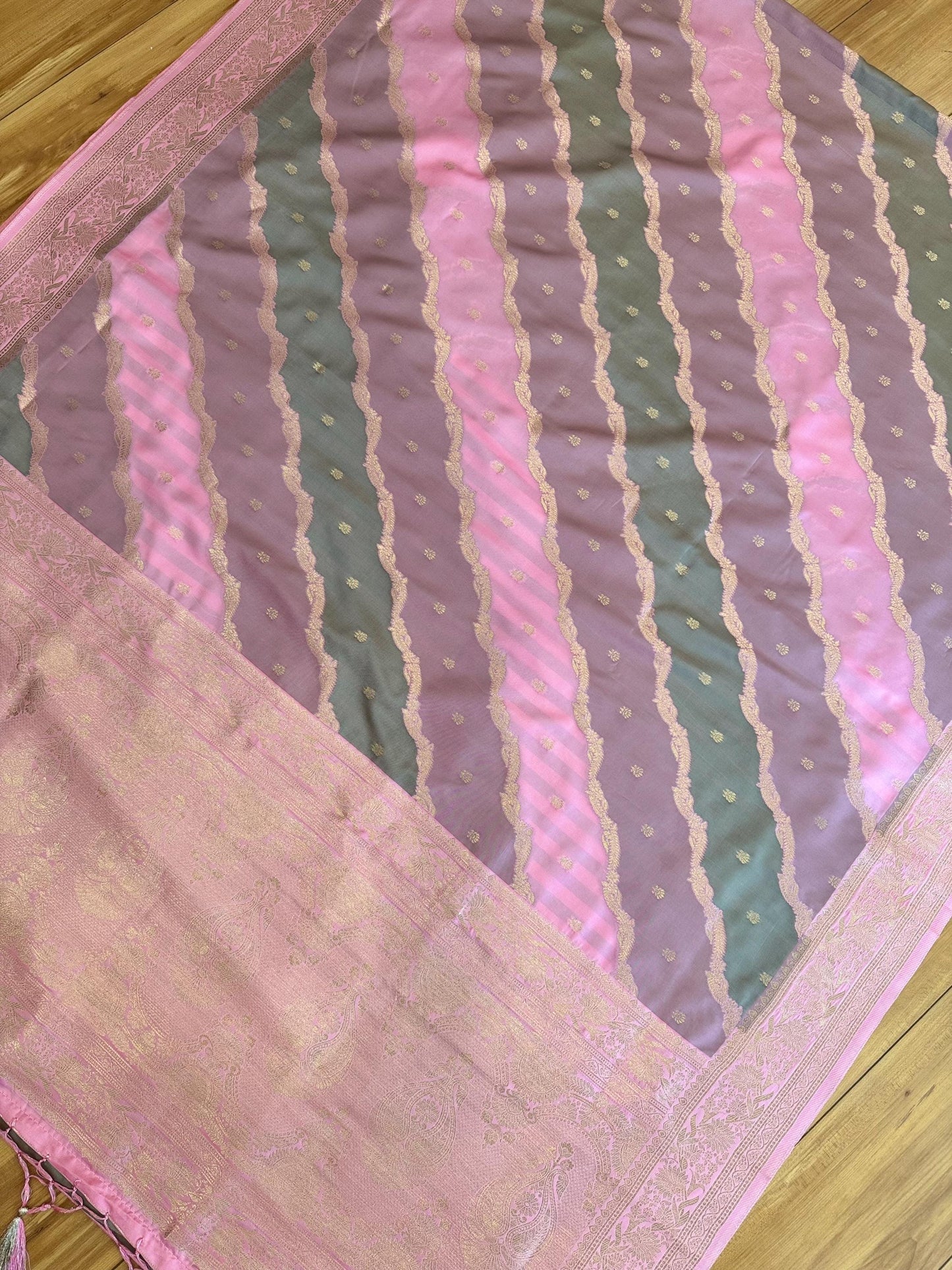 Banarasi Rangkat Silk Saree |Stripes small motif weaving all over Pink/Grey/Light Lavender intricate border| fall pico tassels done