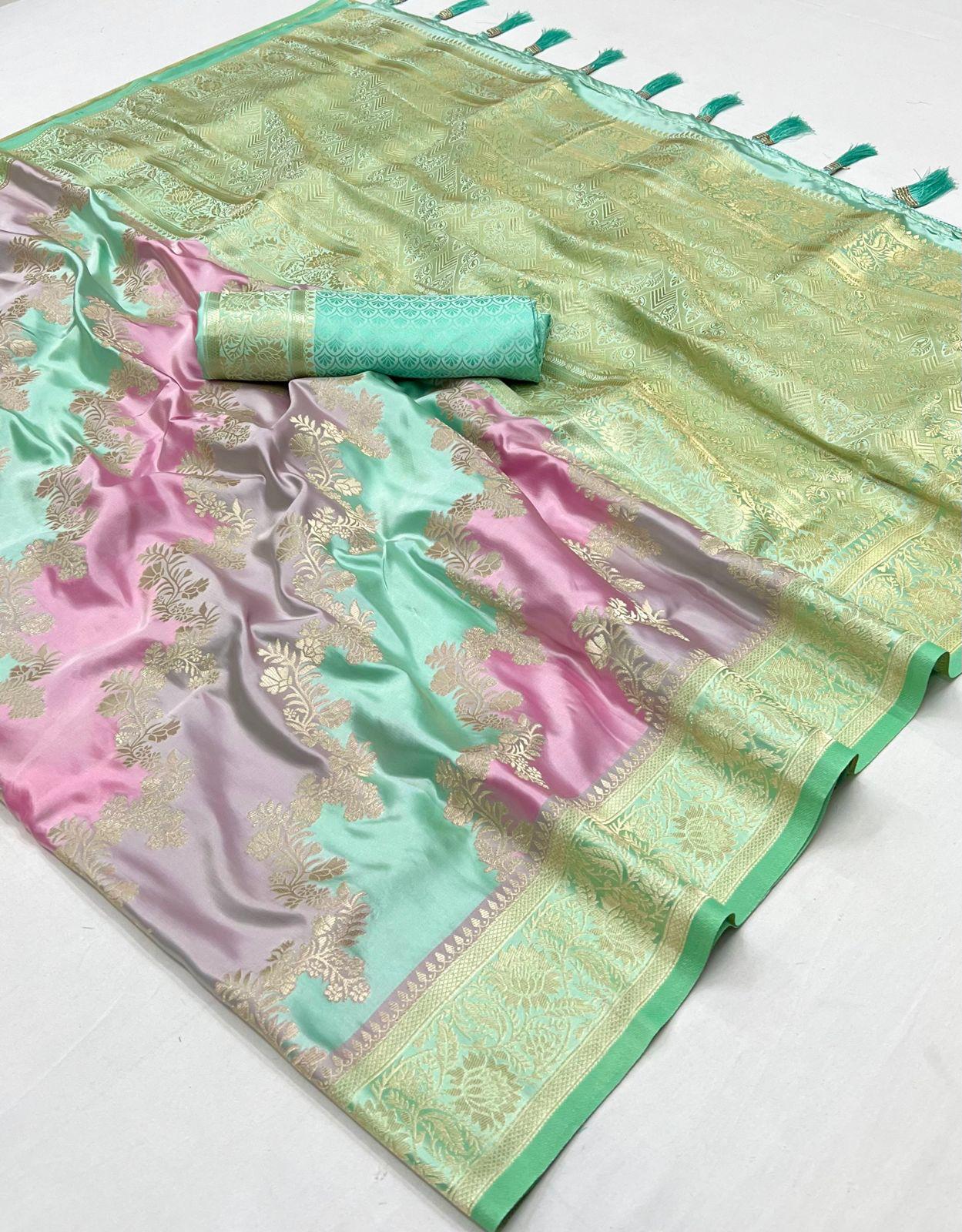 Handloom Banarasi satin silk saree  with Rangkat satin handloom weaving all over the saree paired with satin silk blouse|Pista pink lavender