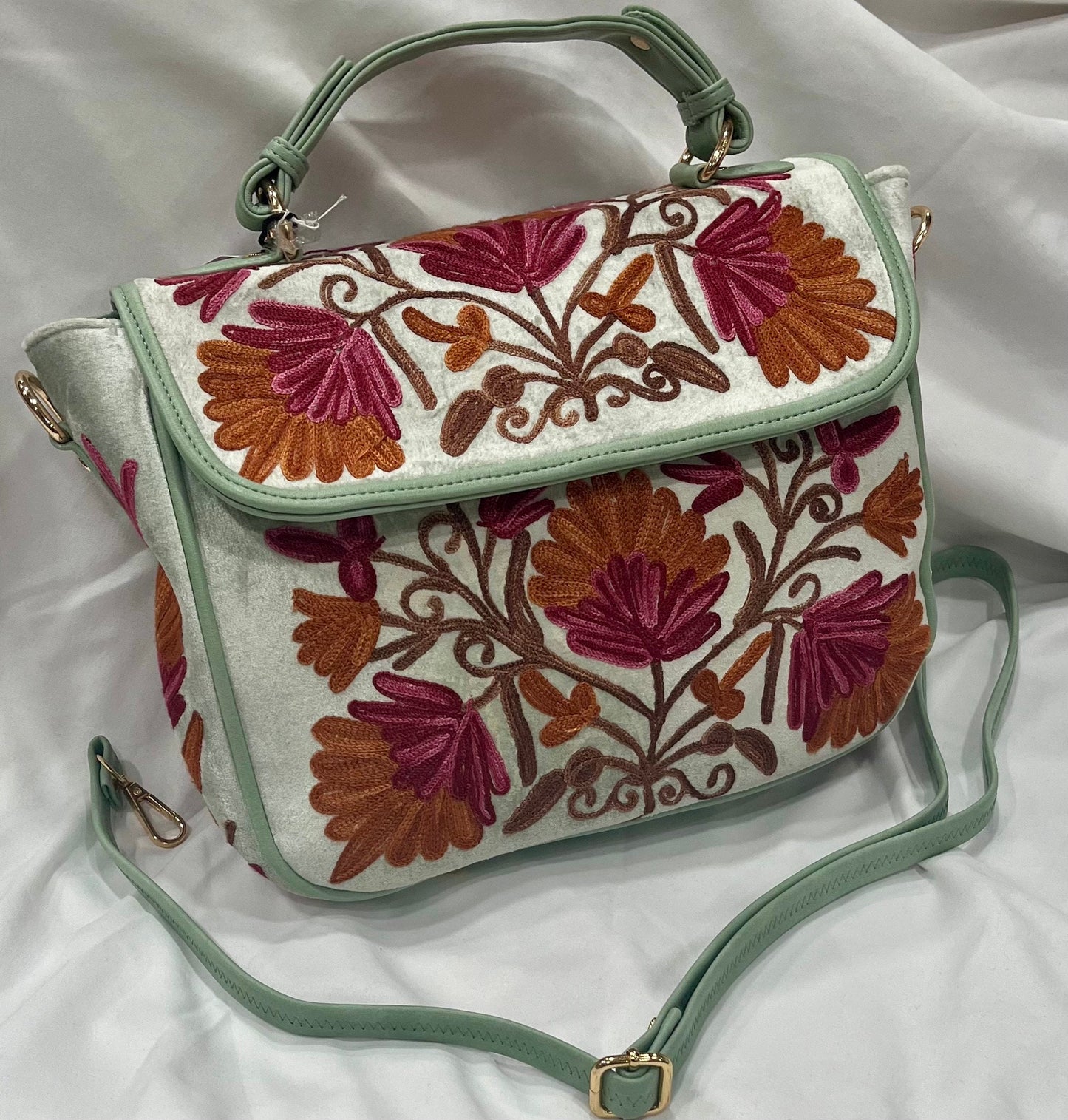 Kashmiri Embroidered Aari work Handbags | short handle | Large Sling Shoulder velvet | suede leather