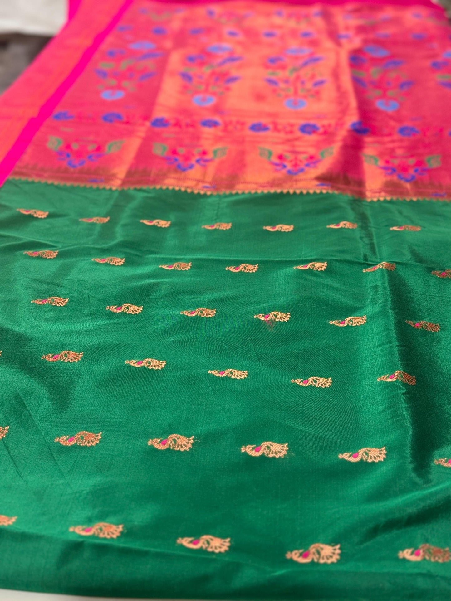 Paithani from Yeola |  Semi Silk saree |Green |Rani/Magenta Border|