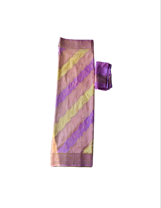 Banarasi Rangkat Silk Saree |Stripes small motif weaving all over|Lemon/Baby Pink/Light Lavender intricate border| fall pico tassels done