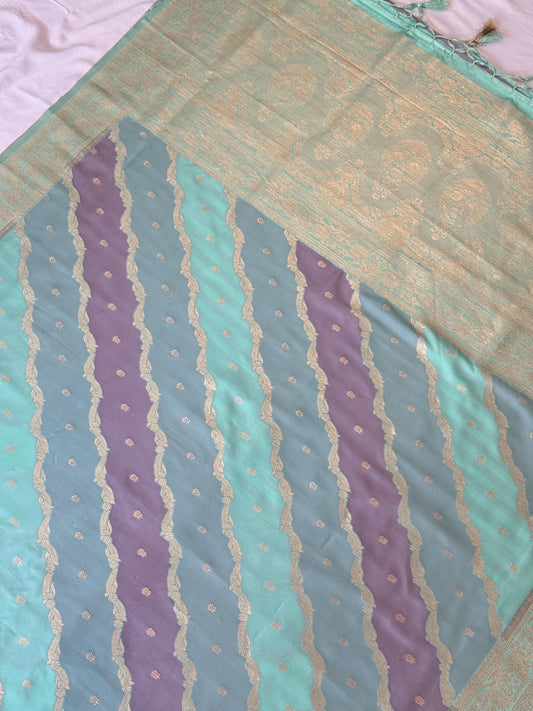 Banarasi Rangkat Silk Saree |Stripes small motif weaving all over | Light Pista/Light Lavender intricate border| fall pico tassels done