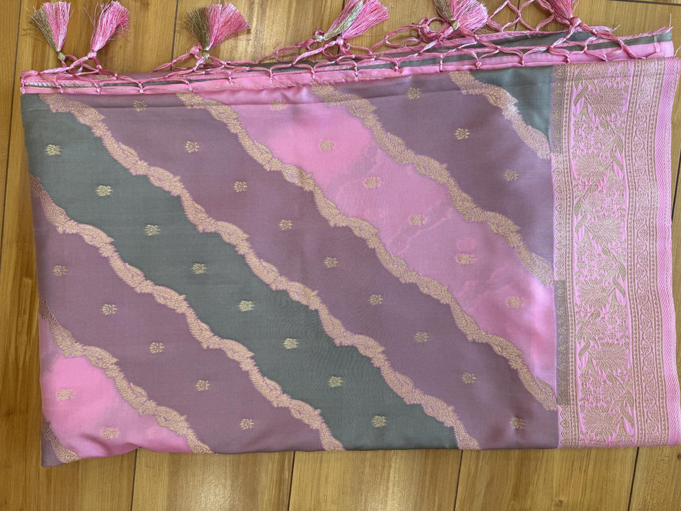 Banarasi Rangkat Silk Saree |Stripes small motif weaving all over Pink/Grey/Light Lavender intricate border| fall pico tassels done