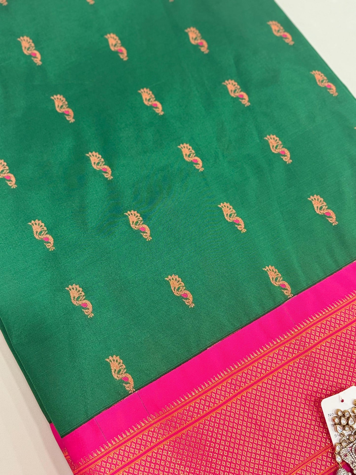 Paithani from Yeola |  Semi Silk saree |Green |Rani/Magenta Border|