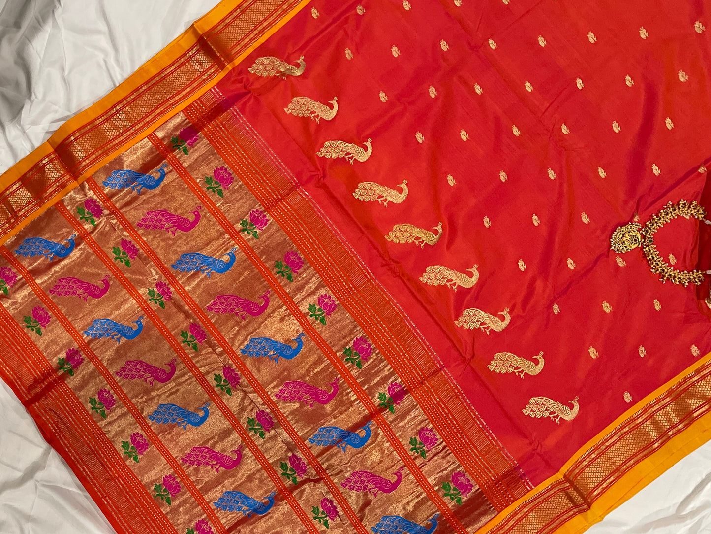 Authentic Paithani from Yeola | 100% handwoven Pure Silk saree |Light Orange|Dual shade|Yellow Border|Silk Mark Certified