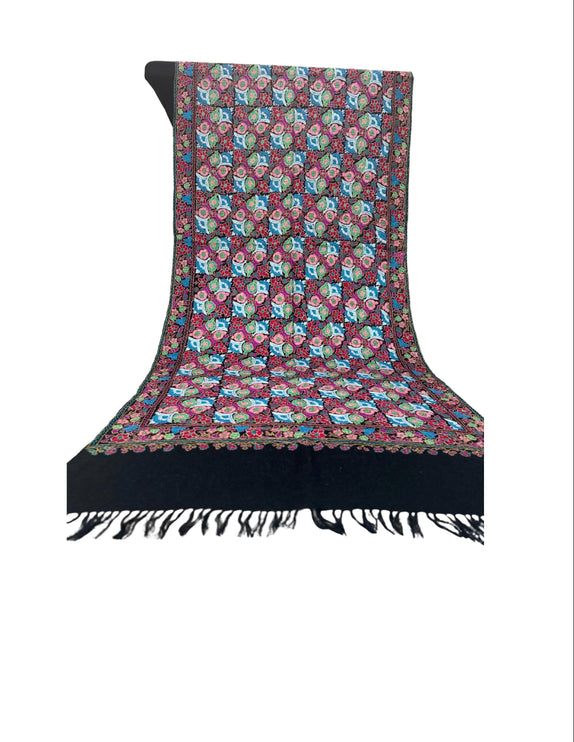 Special sale! Papier Mache Jamma Stole - 100% Hand Embroidered Luxurious Warmth Pure wool Kashmiri Wrap scarf/ Shawl Multicolor on black