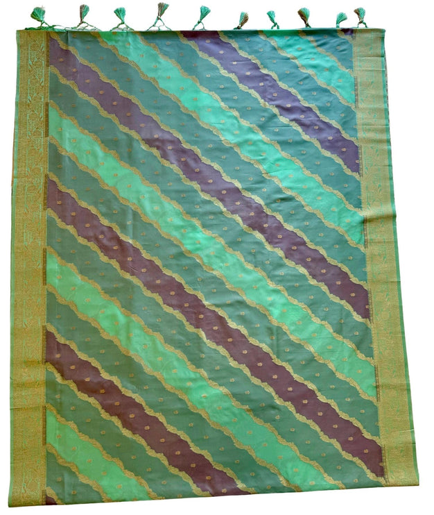 Banarasi Rangkat Silk Saree |Stripes small motif weaving all over | Light Pista/Light Lavender intricate border| fall pico tassels done