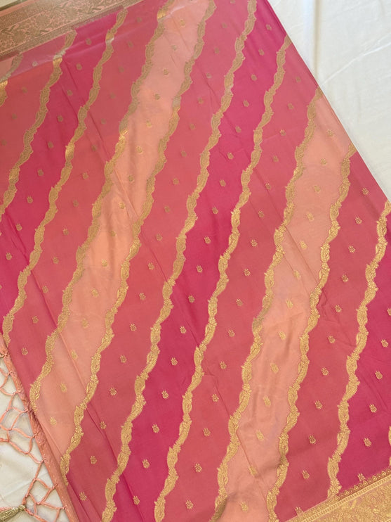 Banarasi Rangkat Silk Saree |Stripes/ small motif weaving all over the saree | Fuschia pink/Light pink/Light golden intricate border