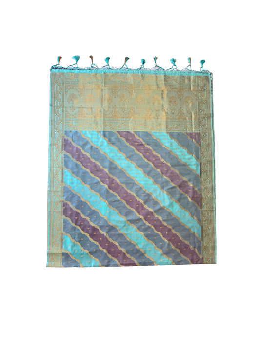 Banarasi Rangkat Silk Saree |Stripes small motif weaving all over | Aqua Blue/Grey/Light Lavender intricate border| fall pico tassels done