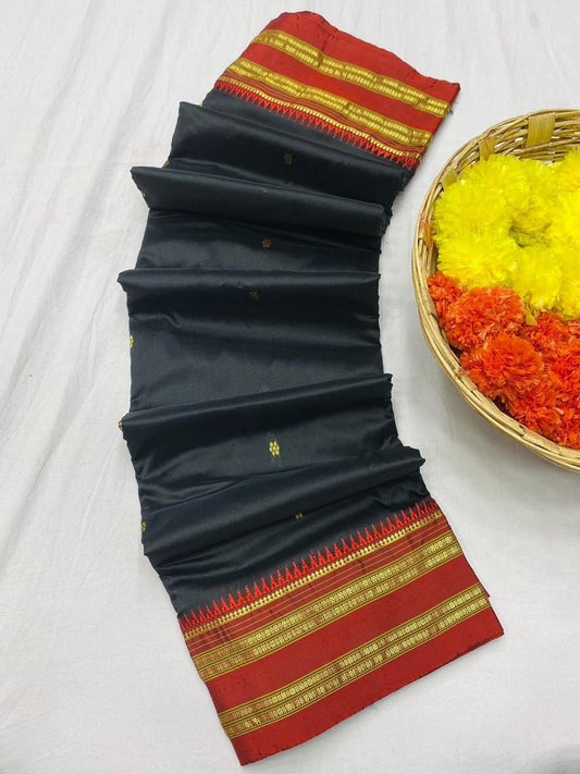 Diwali Special Sale !!!|Original Narayan Peth 100% pure silk Saree from Yeola - Black with maroon border|Fall Pico Tassels done