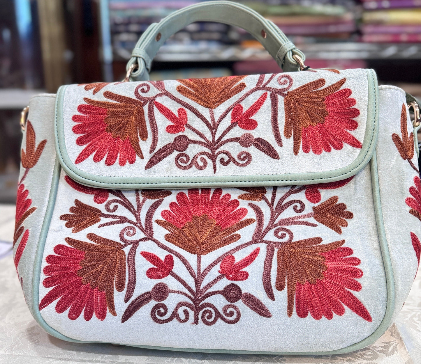 Kashmiri Embroidered Aari work Handbags | short handle | Large Sling Shoulder velvet | suede leather