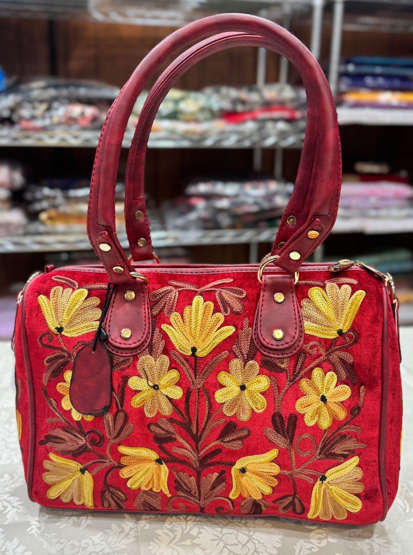 Kashmiri Embroidered Aari work Handbags | short handle | Large Sling Shoulder velvet | suede leather