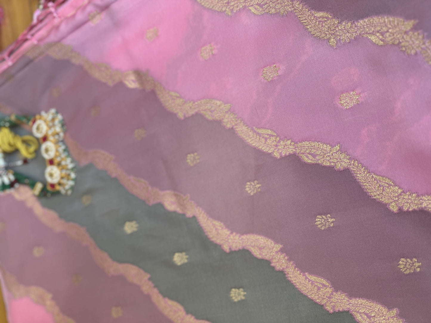 Banarasi Rangkat Silk Saree |Stripes small motif weaving all over Pink/Grey/Light Lavender intricate border| fall pico tassels done