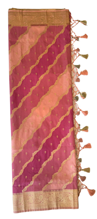 Banarasi Rangkat Silk Saree |Stripes/ small motif weaving all over the saree | Fuschia pink/Light pink/Light golden intricate border