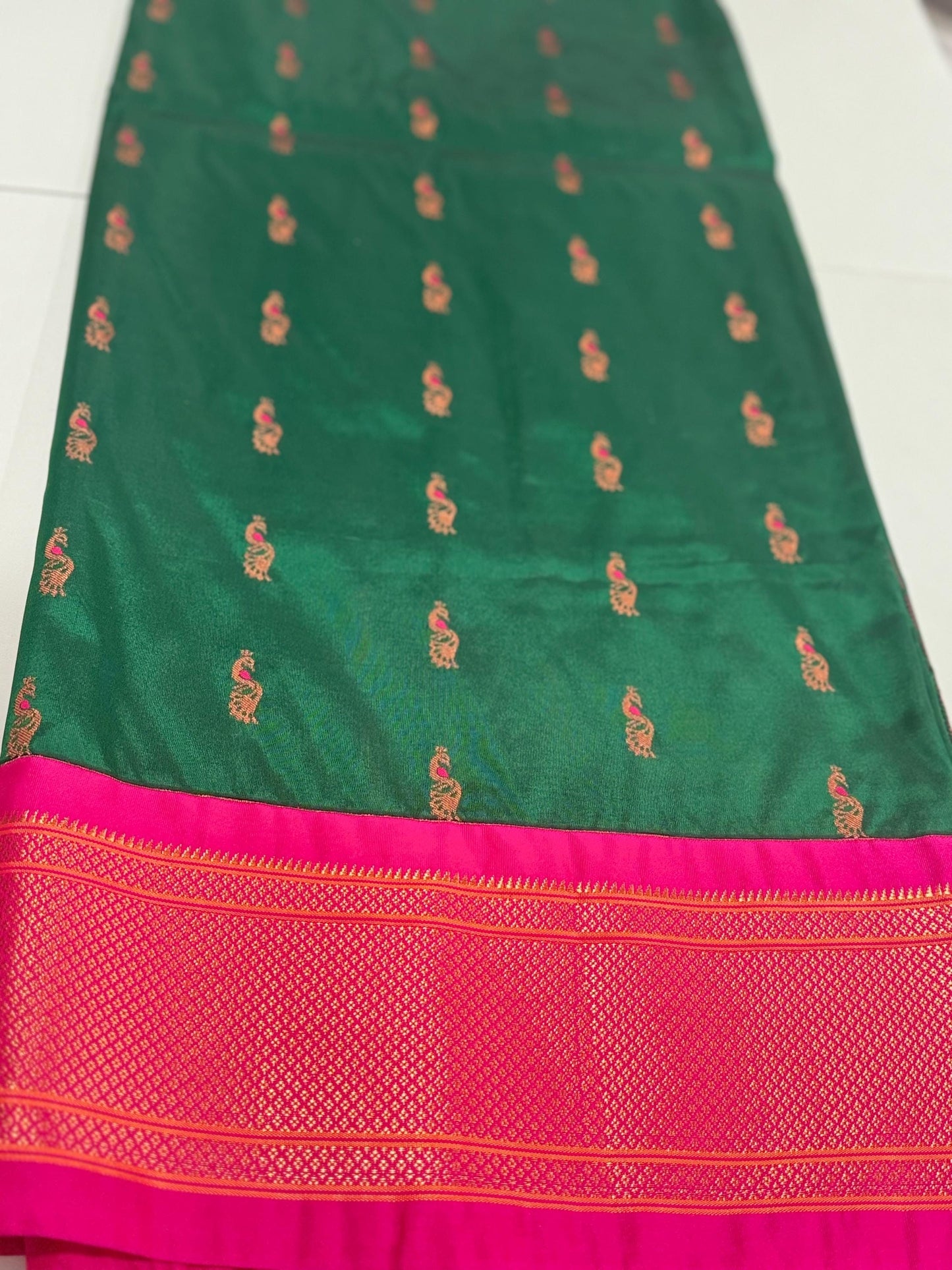 Paithani from Yeola |  Semi Silk saree |Green |Rani/Magenta Border|