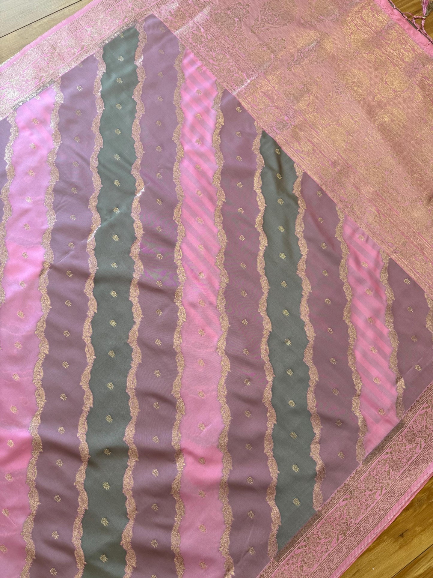 Banarasi Rangkat Silk Saree |Stripes small motif weaving all over Pink/Grey/Light Lavender intricate border| fall pico tassels done