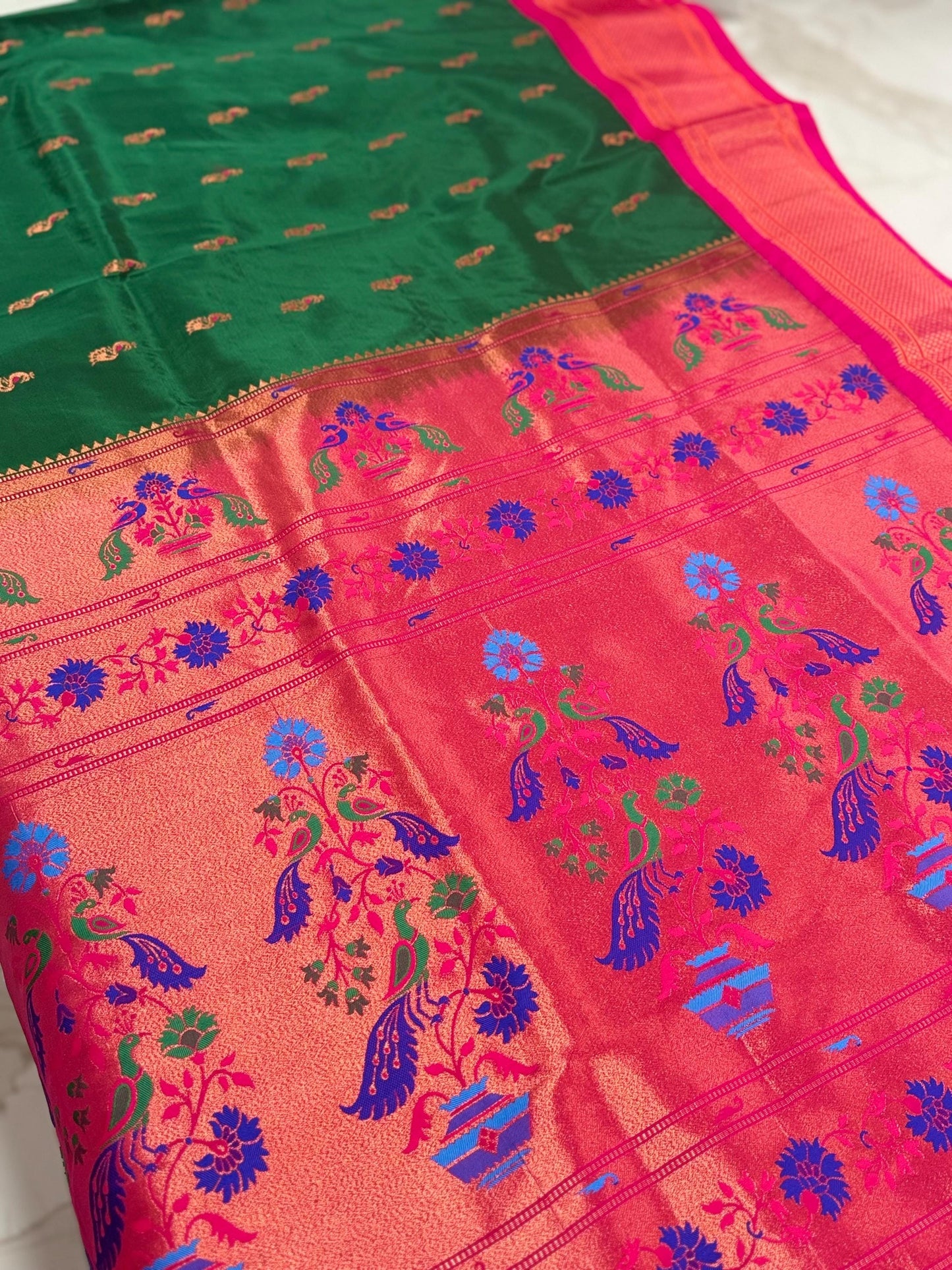 Paithani from Yeola |  Semi Silk saree |Green |Rani/Magenta Border|